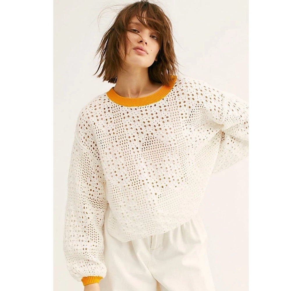 Free People Home Run Cotton Crochet Sweater Ivory Orange‎ Trim Oversized XS